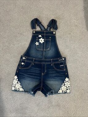 Jordache Dark Blue Denim Short Overalls with White Floral Appliqué